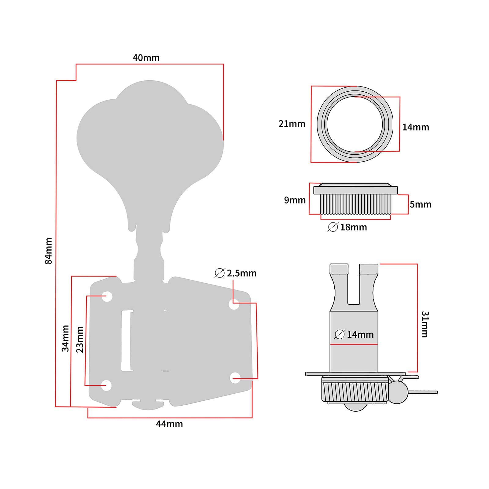 4R Open Electric Guitar Bass Tuners Guitar Tuning Key Pegs Machine Head Replacement for Electric Jazz Bass or Precision Instrume